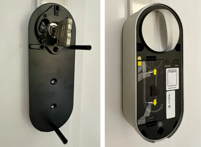 Aqara Smartlock U200: Montageplatte und geöffnetes Gehäuse vor dem Einbau an der Tür