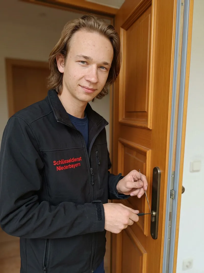 Moritz Enderle vom Schlüsseldienst Niederbayern öffnet in Dienstjacke eine Holztür mit Spezialwerkzeug